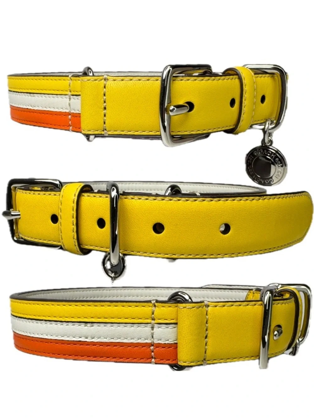 Coach Leather Y2K Striped Yellow White Orange Size Large 17-21” Dog Collar